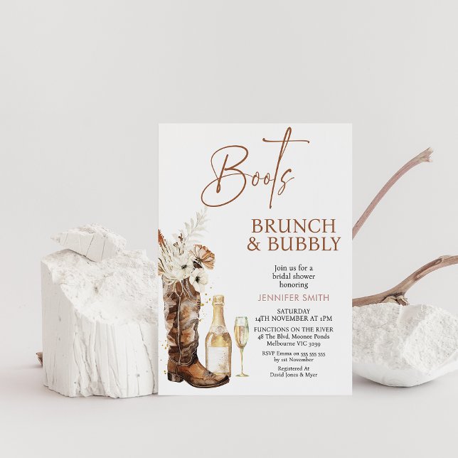 Invitación Boho Floral Boots Brunch Bubbly Bridal Shower (Floral Cowgirl Boots Brunch and Bubbly Bridal Shower Invitation, Champagne Glass and Bottle, Wedding)
