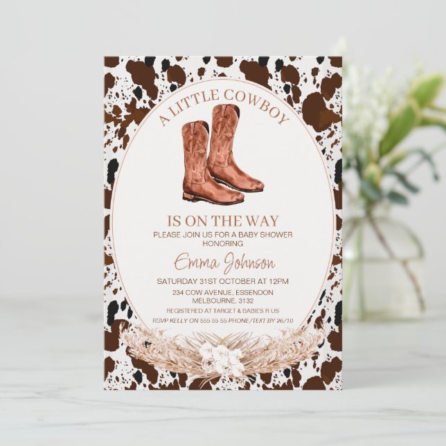 Invitación Boho Floral Boots Cowboy Piel de vaca Baby Shower (Anverso de pie)