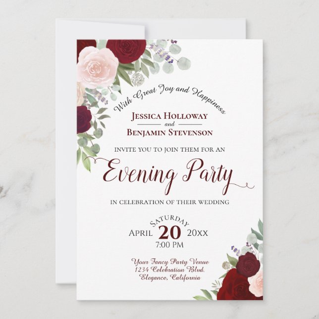 Invitación Boho Floral Borgoña Fiesta nocturno rojo y rosa (Anverso)