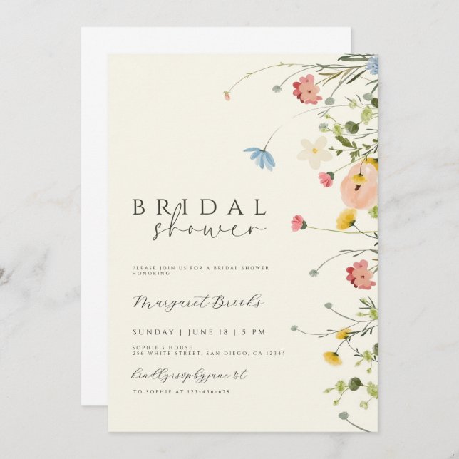 Invitación Boho Floral Bridal Shower, Wildflower (Anverso / Reverso)