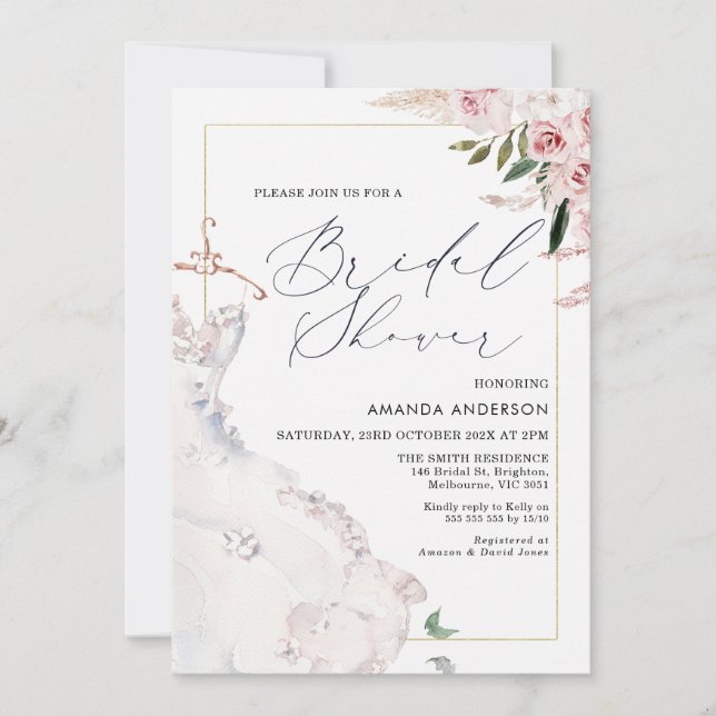 Invitación Boho Floral Bridal Vestido Bridal Bridal Shower In (Anverso)