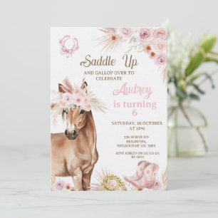 Invitación Boho Floral Brown Caballo de Caballo Arriba Cumple
