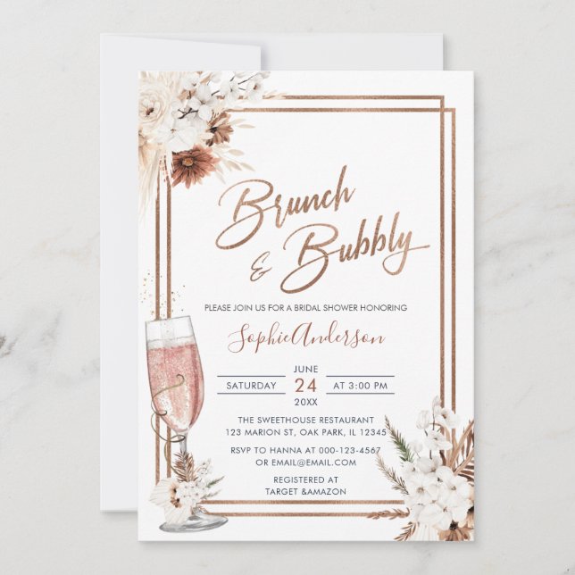 Invitación Boho Floral Brunch & Bubbly Bridal Shower (Anverso)