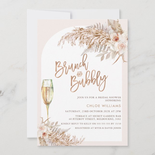 Invitación Boho Floral Brunch Bubbly Bridal Shower (Anverso)