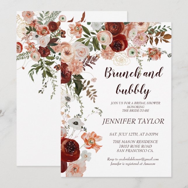 Invitación Boho Floral Brunch y la burbuja de la ducha de nov (Anverso / Reverso)