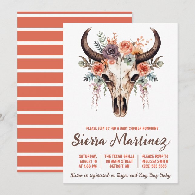 Invitación Boho Floral Bull Skull Baby Shower (Anverso / Reverso)