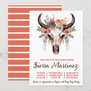 Invitación Boho Floral Bull Skull Baby Shower