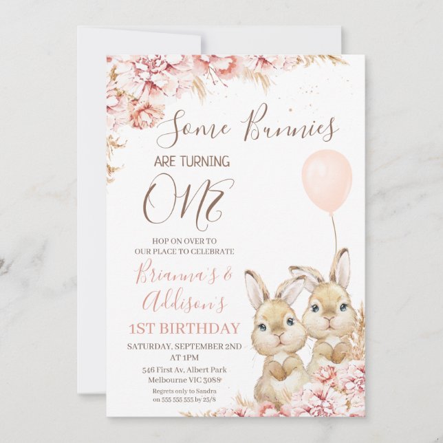 Invitación Boho Floral Bunny Balloon 1º cumpleaños (Anverso)