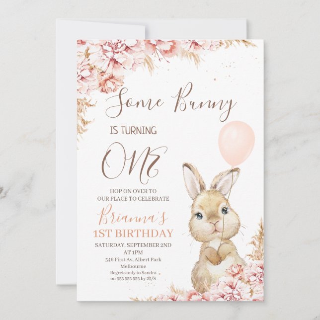 Invitación Boho Floral Bunny Balloon 1er cumpleaños Invitació (Anverso)