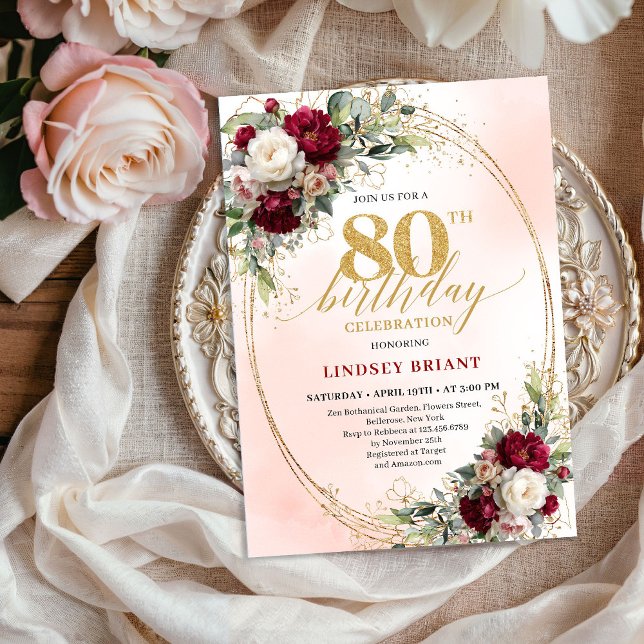 Invitación Boho Floral Burgundy Atemporal para 80  (Timeless Burgundy Boho Floral 80th Birthday Invite)