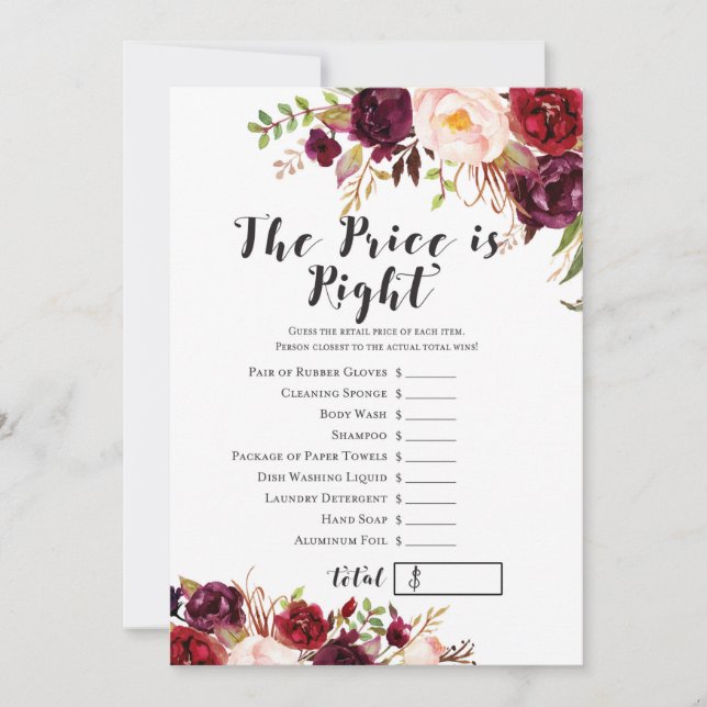 Invitación Boho Floral Burgundy Bridal Shower Game 5x7 (Anverso)