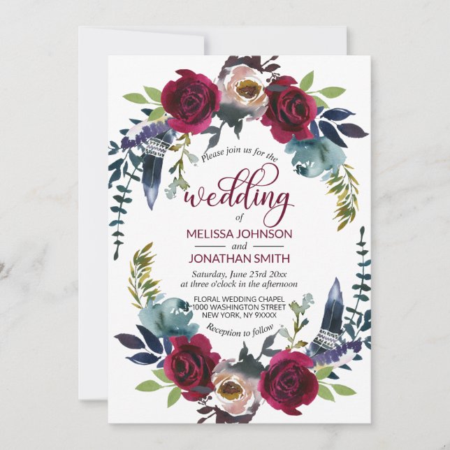 Invitación Boho Floral Burgundy Merlot Boda Azul (Anverso)