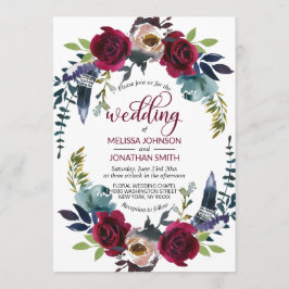 Invitación Boho Floral Burgundy Merlot Boda Azul