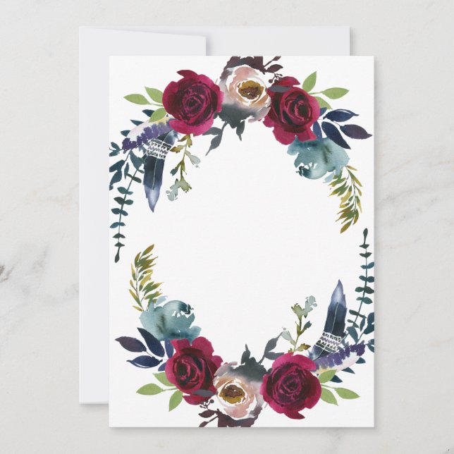 Invitación Boho Floral Burgundy Merlot Naval Azul BLANK (Anverso)