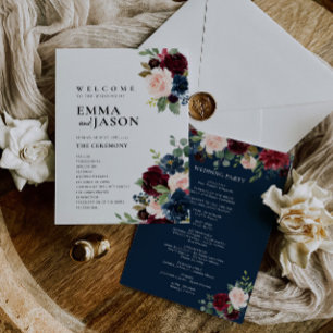 Invitación Boho Floral Burgundy Navy Wedding Program 