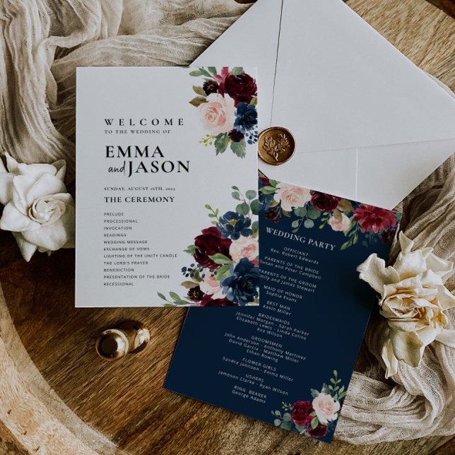 Invitación Boho Floral Burgundy Navy Wedding Program  (Subido por el creador)