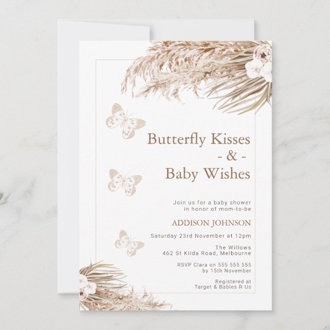 Invitación Boho Floral Butterfly besa Baby Shower (Anverso)