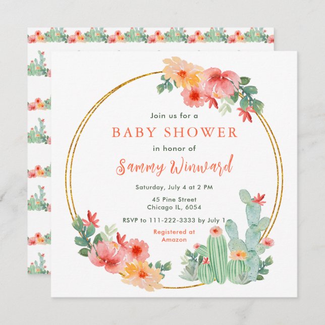 Invitación Boho Floral Cactus Baby Shower (Anverso / Reverso)