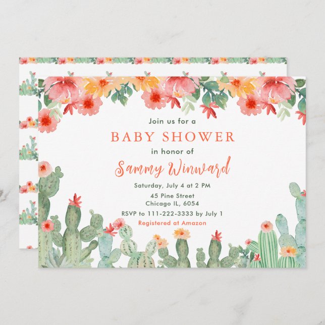 Invitación Boho Floral Cactus Baby Shower (Anverso / Reverso)