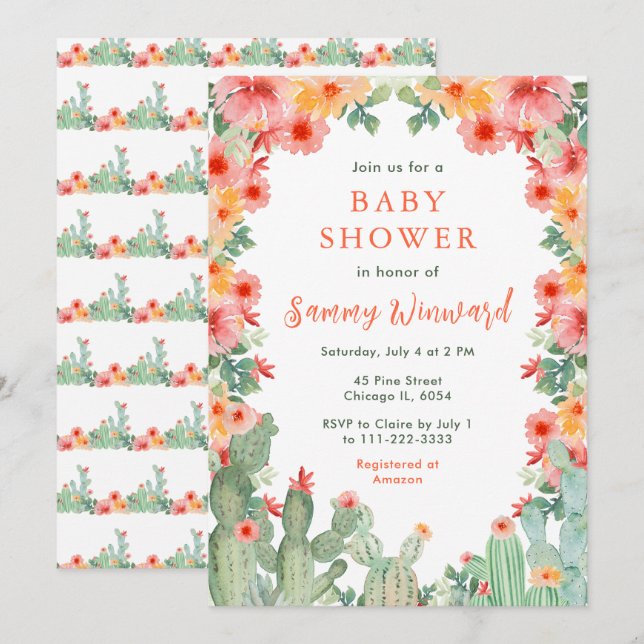 Invitación Boho Floral Cactus Baby Shower (Anverso / Reverso)