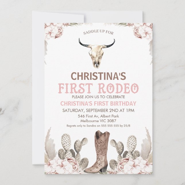 Invitación Boho Floral Cactus Primer Rodeo Primer Cumpleaños (Anverso)