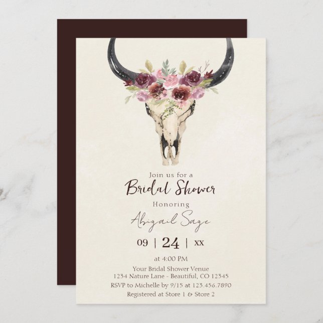 Invitación Boho floral calavera de vaca burgundy crema Desped (Anverso / Reverso)