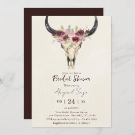 Invitación Boho floral calavera de vaca burgundy crema Desped