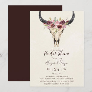 Invitación Boho floral calavera de vaca burgundy crema Desped