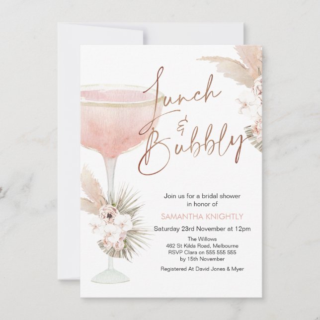 Invitación Boho Floral Champagne Lunch Bubbly Bridal Shower (Anverso)