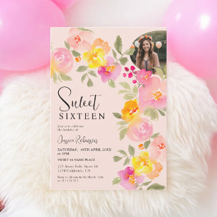 Invitación Boho Floral color de agua rosado guión foto dulce