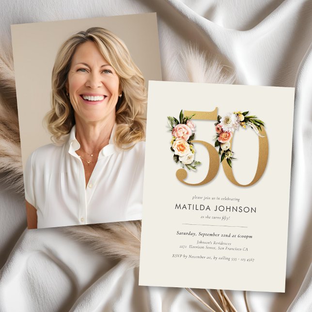 Invitación Boho Floral con foto 50 cumpleaños (Boho Floral with Photo 50th Birthday Invitation)