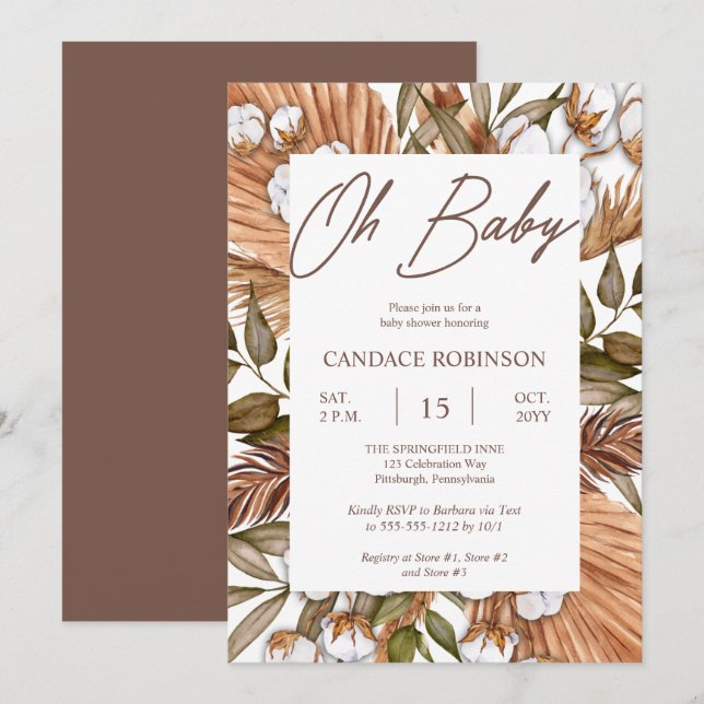 Invitación Boho Floral Cotton | Baby Shower De Grasas Secas (Anverso / Reverso)