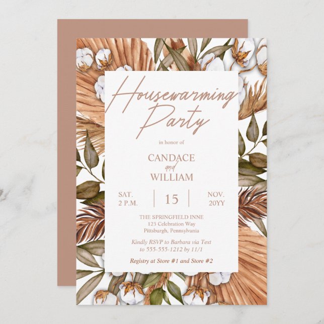 Invitación Boho Floral Cotton | Grasas Fiesta de calentamient (Anverso / Reverso)
