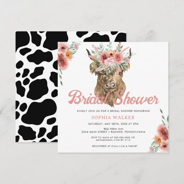 Invitación Boho Floral Cow imprime la ducha de novia occident (Anverso / Reverso)