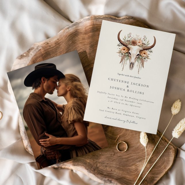 Invitación Boho Floral Cow Skull Boda de fotografía occidenta (Subido por el creador)