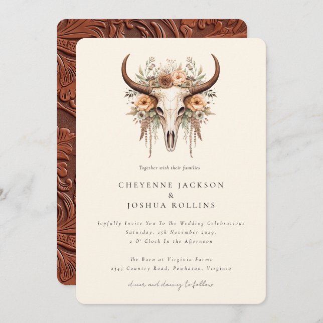 Invitación Boho Floral Cow Skull Boda Occidental (Anverso / Reverso)