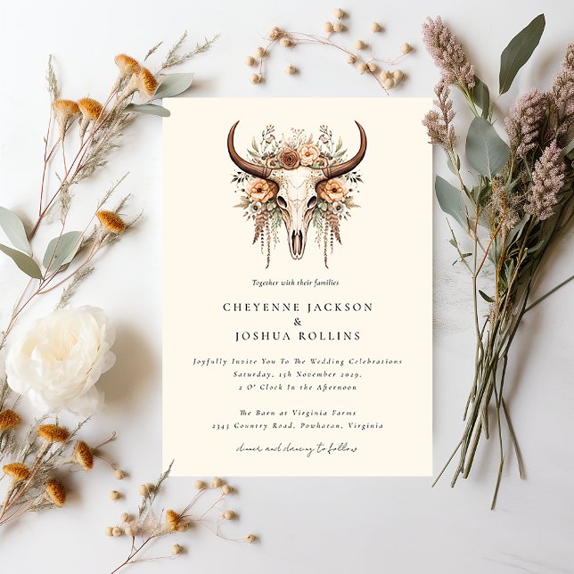 Invitación Boho Floral Cow Skull Boda Occidental (Subido por el creador)
