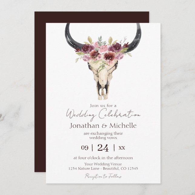 Invitación Boho Floral Cow Skull Borgoña y Boda Blanco (Anverso / Reverso)