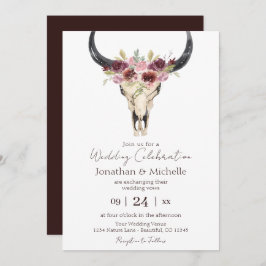 Invitación Boho Floral Cow Skull Borgoña y Boda Blanco