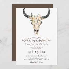 Invitación Boho Floral Cow Skull Brown and White Boda
