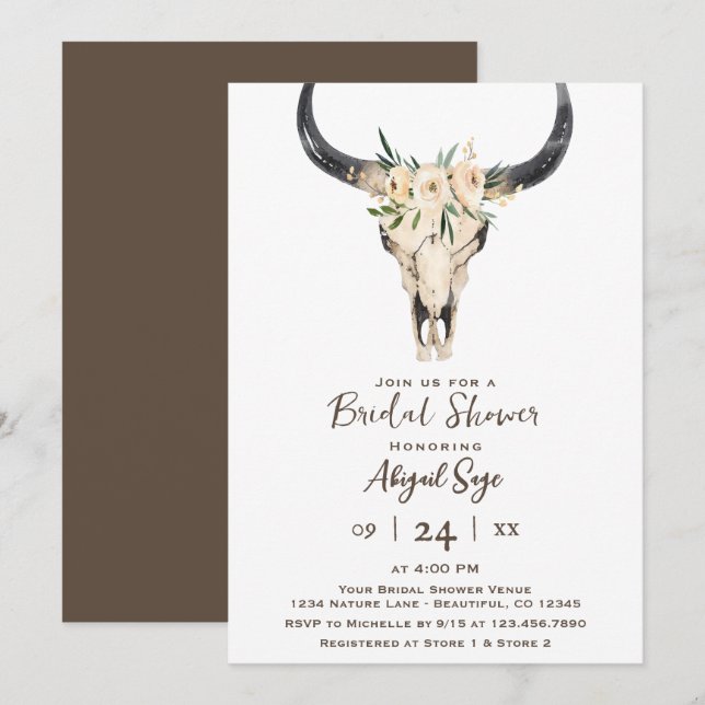 Invitación Boho Floral Cow Skull Brown Brillante Brillante Bl (Anverso / Reverso)
