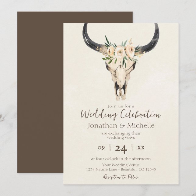 Invitación Boho Floral Cow Skull Brown y Cream Boda (Anverso / Reverso)