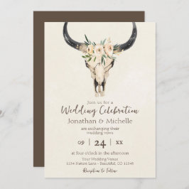Invitación Boho Floral Cow Skull Brown y Cream Boda