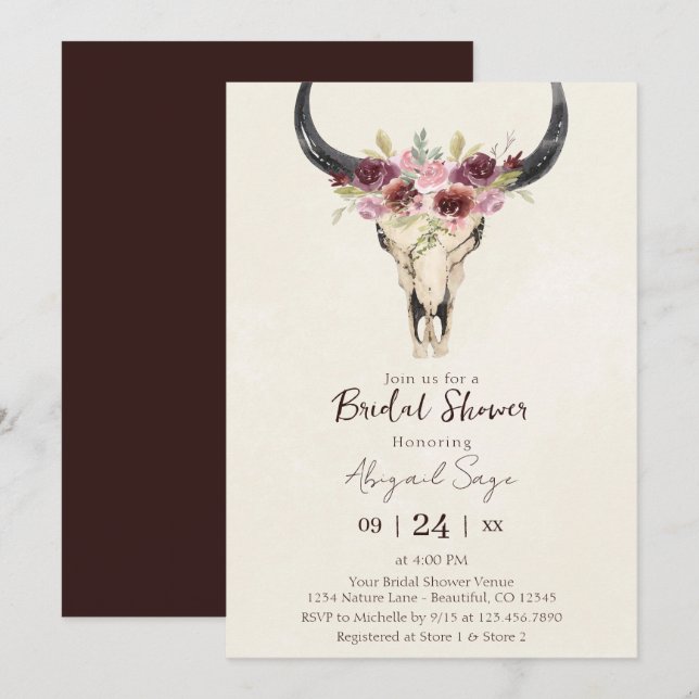 Invitación Boho Floral Cow Skull Burgunam Cream Bridal Shower (Anverso / Reverso)