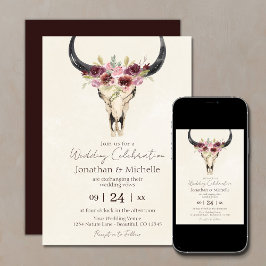Invitación Boho Floral Cow Skull Burgundy y Cream Boda