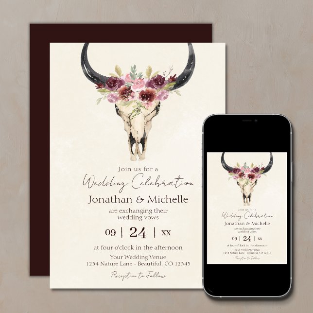 Invitación Boho Floral Cow Skull Burgundy y Cream Boda (Subido por el creador)