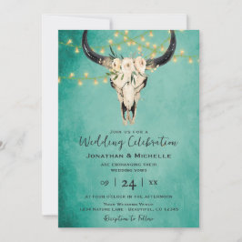 Invitación Boho Floral Cow Skull con Luces Turquesa Boda