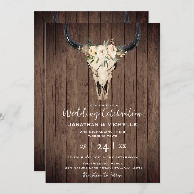 Invitación Boho Floral Cow Skull en madera todo en un Boda (Anverso / Reverso)