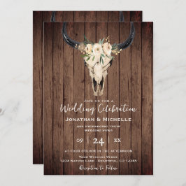 Invitación Boho Floral Cow Skull en madera todo en un Boda