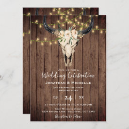 Invitación Boho Floral Cow Skull en madera todo en un Boda